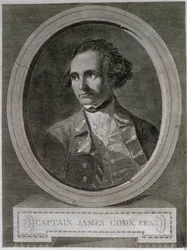 Kapteeni James Cookin (1728-79) muotokuva "Matka maailman ympäri etelänavalle" -elokuvan edestä (kaiverrus)