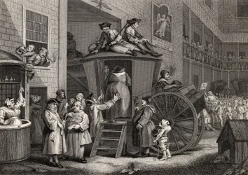 Country Inn Yard, kaiverrettu Timothy Engleheart (1803-79) teoksesta "The Works of Hogarth", julkaistu 1833 (litho)