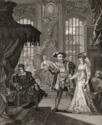 Henrik VIII ja Anne Boleyn, kaiverrettu T. Cooken toimesta, teoksesta "The Works of Hogarth", julkaistu 1833 (litografia).