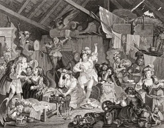 G Presburyn kaiverrus, The Works of Hogarth julkaisi Lontoossa 1833 (b/w kaiverrus) kävelevät pelaajat harjoittelemassa navetassa