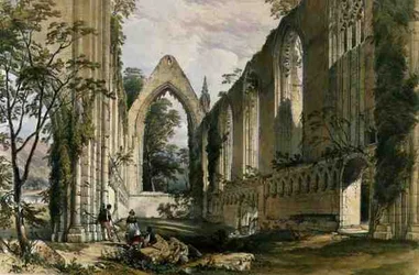 Bolton Abbey, kuoron sisustus, teoksesta The Monastic Ruins of Yorkshire, kaiverrus George Hawkins (1819-52)