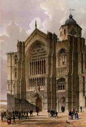 Bridlington Priory, länsirintama, teoksesta "Yorkshiren luostarin rauniot", kaivertanut George Hawkins (1819-52)