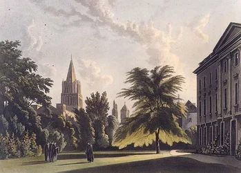 Corpus Christi Collegen ja Christ Churchin katedraalin ulkopuoli, kuvitus "History of Oxfordista", kaivertanut Joseph Constantine Stadler (fl.1780-1812) pub. kirjoittanut R. Ackermann