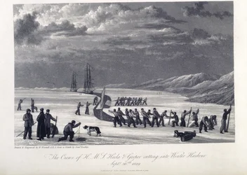 Miehistö H.M.S. Hecla ja Griper leikkaamassa talvisatamaan, 26. syyskuuta 1819, kuva julkaisusta "Journal of a Voyage for the Discovery of Luoteisväylä Atlantilta Tyynellemerelle..."
