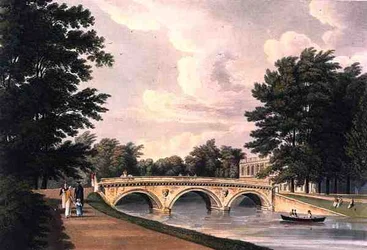Trinity College Bridge, Cambridge, "Cambridgen historiasta", kaivertanut Joseph Constantine Stadler (fl.1780-1812), pub. kirjoittanut R. Ackermann