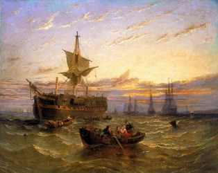 Brittiläinen Itä-Intian kauppalaiva Thamesilla (Englanti). William Adolphus Knellin (1802-1875) öljy kankaalle.