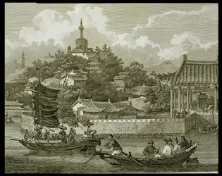 Näkymä keisarillisen palatsin puutarhaan, Peking, yksityiskohta, kaiverrus Samuel Smith, pubi. kirjoittanut G. Nicol, 1796
