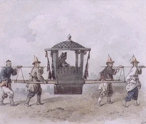 Kiinan palvelijat kantavat palankiinin (akvarelli)