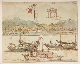 f.59 148 Veneitä ja voittokaareja.  , albumista, jossa on 372 piirustusta maisemista, rannikoista, pukuista ja arjesta, jotka on tehty Lord Macartneyn Kiinan keisarin suurlähetystön aikana vuosina 1792–1794 (kynä ja akvarelli paperille)