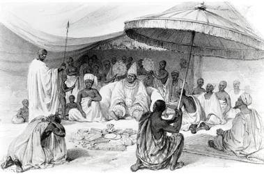 Attah, kirjasta "Picturesque Views on the River Niger, luonnosteltu Landerin viimeisellä vierailulla 1832-33", Charles Haghen litografia, 1840