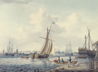 Näkymä Greenwichiin ja Deptfordiin, jossa näkyy Royal Naval College ja Royal Dockyard, 1789 (wc)