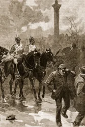 Verinen sunnuntai: Hengenvartijat pitelemässä Trafalgar Squarea, 1887, kuvitus "Cassellin kuvitetusta Englannin historiasta" (seepiakuva)