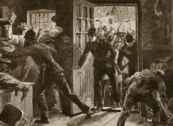 National Leaguen jäsenten ja poliisin välinen yhteenotto Ennisissä, 1886, kuvitus teoksesta ”Cassell