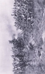 28. Gloucesterin rykmentti vastaanottaa ranskalaisen ratsuväen Waterloossa 18. kesäkuuta 1815, kuva brittiläisistä taisteluista maalla ja merellä, 1915