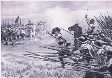 Royalistin jalkaväen panos Nasebyssä, kesäkuu 1645, kuva brittiläisistä taisteluista maalla ja merellä, 1915