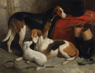 Pariskunta Lord Henry Bentinckin kettukoiria terrierin kanssa, n. 1845 (öljy kankaalle)