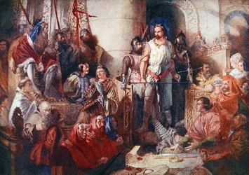 Sir William Wallacen (n. 1272-1305) oikeudenkäynti Westminsterissä, kuvitus teoksesta "Lives of Great Men Told by Great Men", toimittanut Richard Wilson, noin 1920-luku (värilitho)
