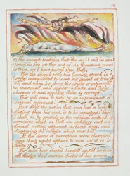 "Muinainen perinne..., kuvitus ja teksti teoksesta "Taivaan ja helvetin avioliitto", n. 1790-3 (reliefipainatus, joka on viimeistelty tussilla ja akvarellilla).