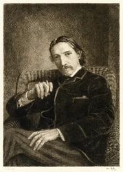 Robert Louis Stevenson (1850-1894), brittiläinen kirjailija, joka tunnetaan parhaiten myydyistä kirjoistaan Treasure Island, Kidnapped and the Strange Case of Tri Jekyll and Mr Hyde. Kuvitus William Brassey Hole (1