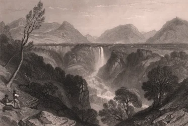 Näkymä Marmoren putouksille (Cascata delle Marmore) lähellä Terniä, Umbria, Italia, teräskaiverrus James Tibbitts Willmore (1800-1863) William Brockedonin (1787-1854) piirtämänä, noin 23x18,5 cm