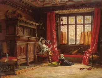 Kavalieri pimennetyssä sisustuksessa, lintu miekkassaan, 1843