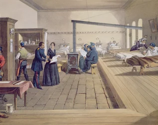 Scutarin sairaala, yksityiskohta Florence Nightingale (1820-1910) osastolla, teoksesta The Seat of War in the East, julkaisija Paul & Dominic Colnaghi & Co., 1856 (yksityiskohta kuvasta 121085).