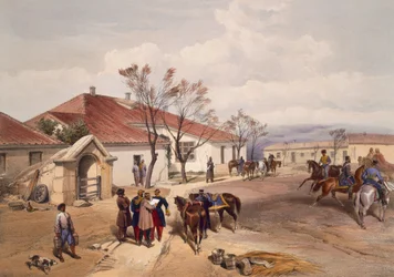 Lord Raglanin päämaja Khutur Karagatchissa, levy "The Seat of War in the East" -pubista. Paul und Dominic Colnaghi und Co., 1856
