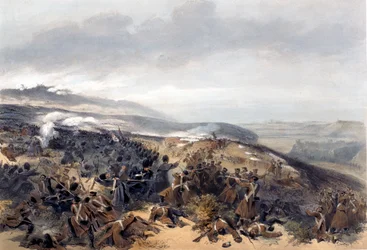 Kaartin toinen hyökkäys, kun he valtasivat takaisin kahden tykin patteriston Inkermanin taistelussa, kaiverrettu Edmond Morinin (1824-82) teoksesta The Seat of War in the East - First Series, julkaissut Colnaghi und
