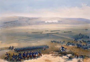Ratsuväen taistelu Bulganakin kukkuloilla: ensimmäinen tykinlaukaus, kuvalevy teoksesta "The Seat of War in the East", julkaisija Paul ja Dominic Colnaghi ja Co., 1856