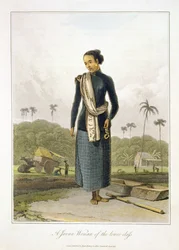 Alempaan yhteiskuntaluokkaan kuuluva jaavalainen nainen, taulu 3 Thomas Stamford Rafflesin (1781-1826) teoksen "The History of Java" (Jaavan historia), osa I, julkaisu. 1817 (akvatintta)