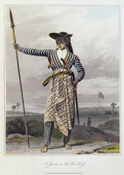 Jaavan sotapuvussa, pl. 5 Thomas Stamford Rafflesin (1781-1826) pubin "The History of Java" osasta I. 1817 (värillinen akvatinta)