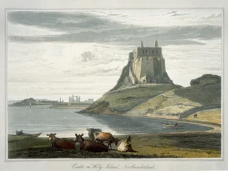 Castle Holy Islandilla, Northumberlandissa, vuonna 1822 julkaistusta matkasta Iso-Britannian ympäri, joka tehtiin vuosina 1814–1825 (akvatinta)