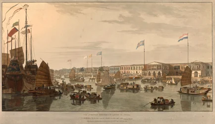 Eurooppalaiset kauppapaikat (Itä-Intian yhtiöt) Kantonissa, Kiinassa. Piirsi ja kaiversi William Daniell (1769-1837) 1805.