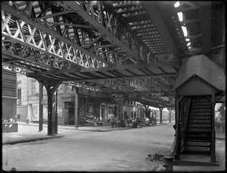 Koroteltujen rautatiekiskojen alla Greenwich Streetin ja Rector Streetin kulmassa, New Yorkissa, 1. elokuuta 1914
