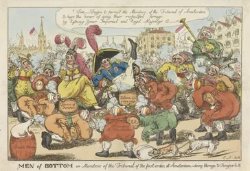 Hollantilaiset haluavat suudella Napoleonia perässä, 1811 Pohjan miehet tai ensimmäisen asteen tuomioistuimen jäsenet Amsterdamissa - kunnioittaen Bonypartea (nimi esineessä)