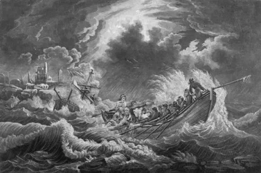 Pelastusvene aluksen miehistön osan pelastamiseksi, noin 1803.