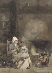 Nainen ja lapsi tulisijan ääressä, 1842 (wc grafiitin päällä paperilla)