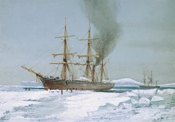 HMS "Discovery", Etelämantereelle suuntautuvia tutkimusmatkoja varten suunniteltu alus, kulkee jään läpi. William Frederick Mitchellin (1845-1914) akvarelli, noin 1901.