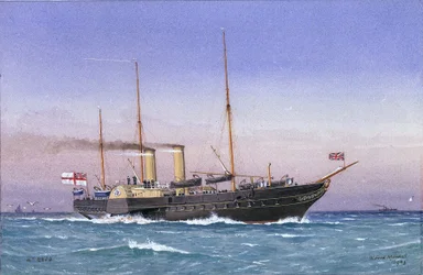 Kuninkaallinen jahti "Osborne" (1870) täydellä höyryllä ja purjeet laskettuina merellä. Akvarelli