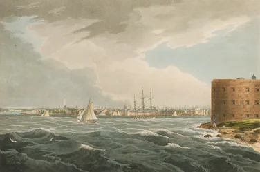New York Governors Islandilta, nro 20 Hudson River Portfoliosta, kaiverrus J. Hill, 1821-25