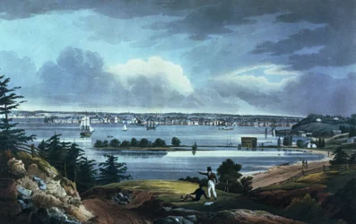 New York Heightsista lähellä Brooklynia, 1820-23 (värillinen akvatinta)