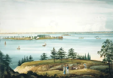New Yorkin lahti ja Governors Island otettu Brooklyn Heightsista, 1820-25.