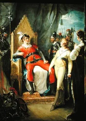 Edward Walesin prinssi ja hänen äitinsä kuningatar Margaret (1430-82) tuotiin kuningas Edward IV:n (1442-83) eteen Tewkesburyn taistelun jälkeen (öljy kankaalle)