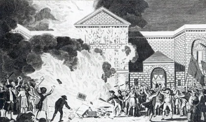 Lontoon mellakoijien aiheuttamat tuhot ampuivat Newgaten uuden vankilan ja polttivat herra Akermanin huonekalut, 6. kesäkuuta 1780, kaiverrus T. Thornton
