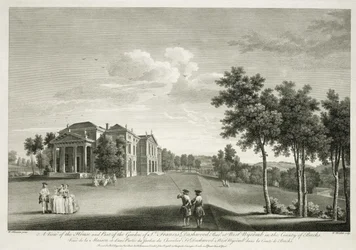 Näkymä talosta ja osasta puutarhaa West Wycombessa, Buckinghamshiressä, kaiverrus William Woollett (1735-85)