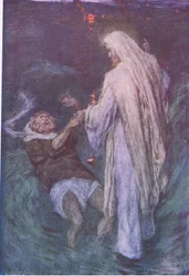 Kristus kävelee merellä, Hodder & Stoughtonin julkaisemasta The Bible Story -teoksesta, n. 1930.