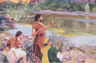 Johannes katsoi Jeesusta hänen kävellessään ja sanoi: "Katso, Jumalan Karitsa", Hodder & Stoughtonin julkaisemasta The Bible Story -teoksesta, n. 1930.