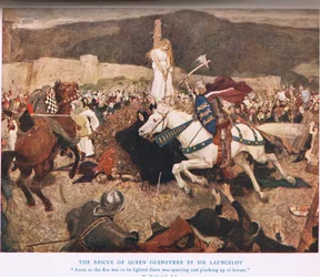 Sir Lancelot pelastaa kuningatar Guineveren, kuvitus teoksesta "Kuningas Arthur"