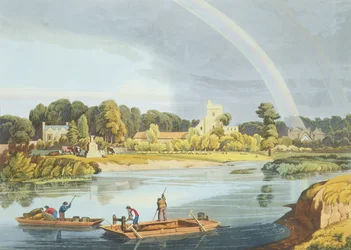 Stainesin kirkko kaupunginkivellä joen varrella, kaiverrettu Robert Havell nuoremman (1793-1878), julkaistu 1818 (akvatinta)