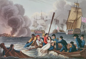 Anekdootti Trafalgarin taistelusta, kaivertanut Matthew Dubourg (fl.1813-20) julkaisusta Historic, Military and Naval Anekdootit, pub. kirjoittanut Edward Orme (1774-n. 1820) 1817 (akvatinta)